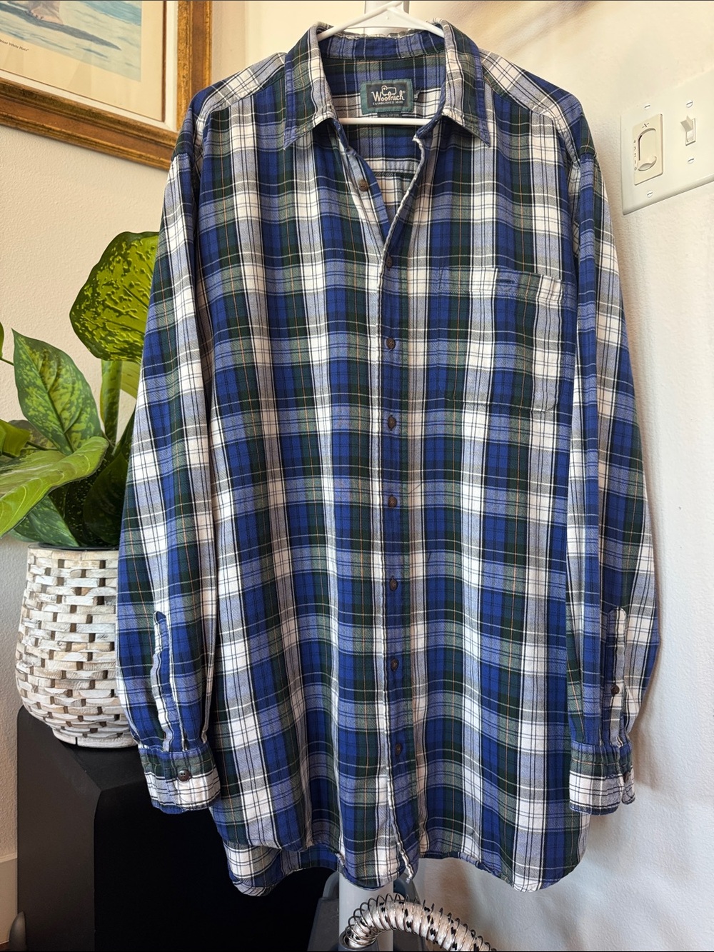 Woolrich Vintage Plaid Check Flannel Button Up shirt Sz XL Blue Green